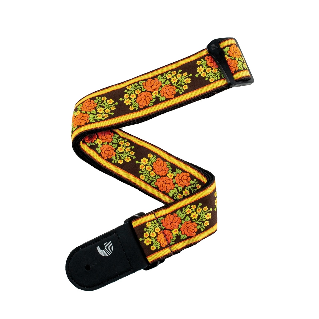 D'Addario Woven Guitar Strap Peace Love Brown and Yellow